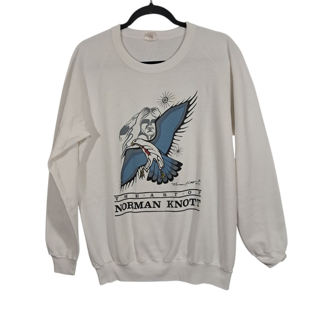 Vintage 80s Norman Knott Anishinaabe Indigenous Eagle Sweatshirt Mens L White